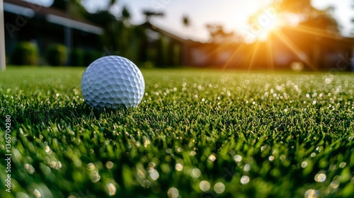 A golf ball is positioned on a putting green with the pin and green visible in the background