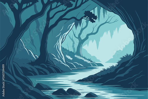 28 Luminous blue cave, crystal clear water, natural rock formation, ethereal light, underwater cavern, azure reflections, mystical grotto, glowing stalactites, hidden lagoon, turquoise pool, dramatic 