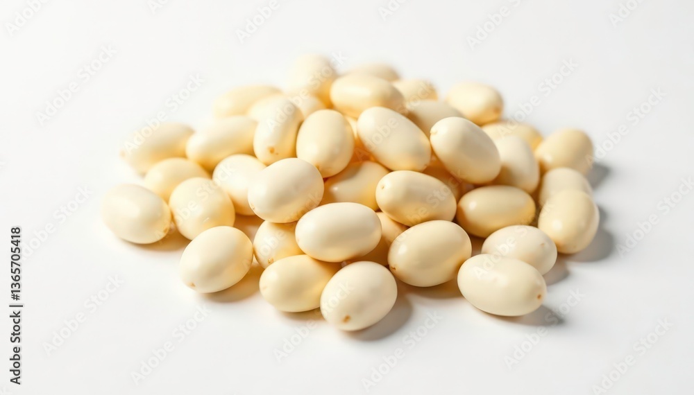 Pile of white beans on seamless white background, culinary, simple, natural Pile of white beans on seamless white background, culinary, simple, natural