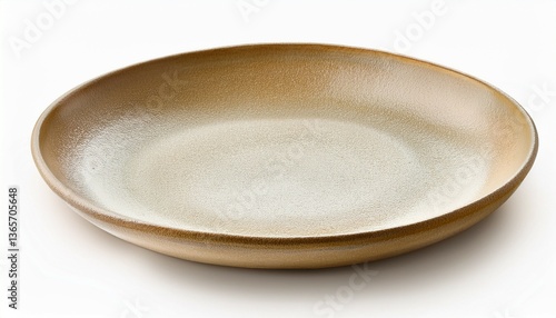 empty beige stoneware dinner plate isolated on white background