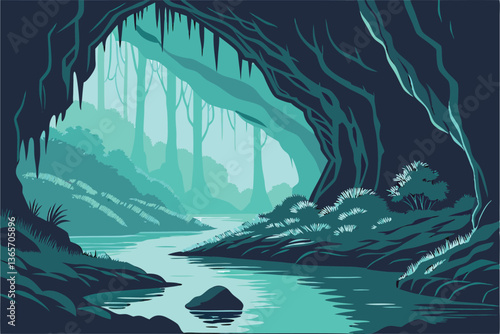 28 Luminous blue cave, crystal clear water, natural rock formation, ethereal light, underwater cavern, azure reflections, mystical grotto, glowing stalactites, hidden lagoon, turquoise pool, dramatic 