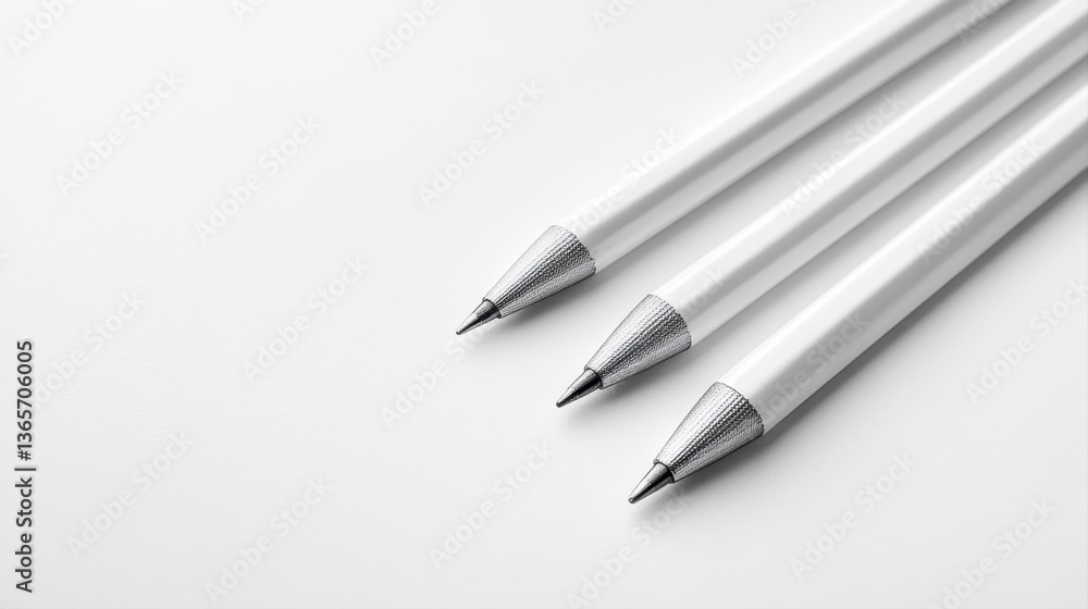 Naklejka premium Three Elegant White Pens with Silver Tips on a Minimalistic Plain Background for Creative Projects and Designs