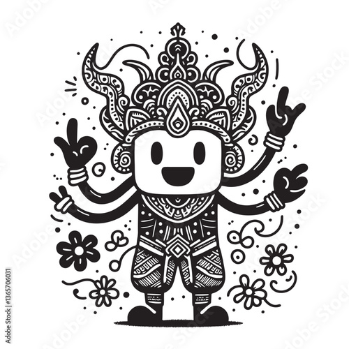 A black-and-white illustration of a fun cartoon figure with decorative tribal-inspired patterns and an expressive gesture, portraying artful creativity, cultural elements, and playfulness, surrounded 