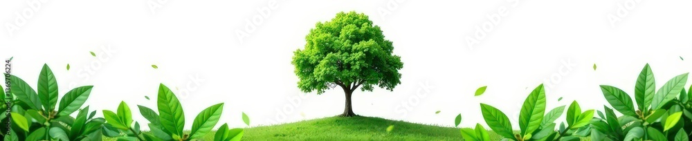Fototapeta premium Leafy greens surround a single tree on white background, isolated, natural