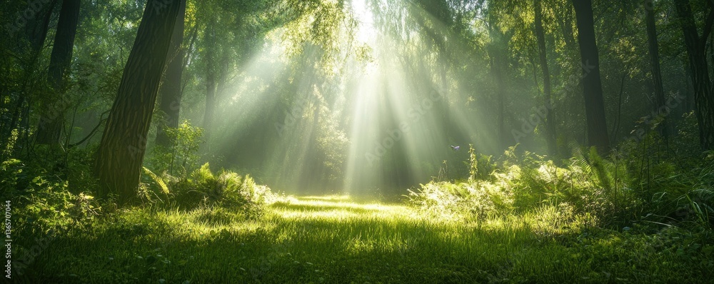 Beautiful rays of sun light in green magic forest. copy space for text. MZ Beautiful rays of sun light in green magic forest. copy space for text. MZ