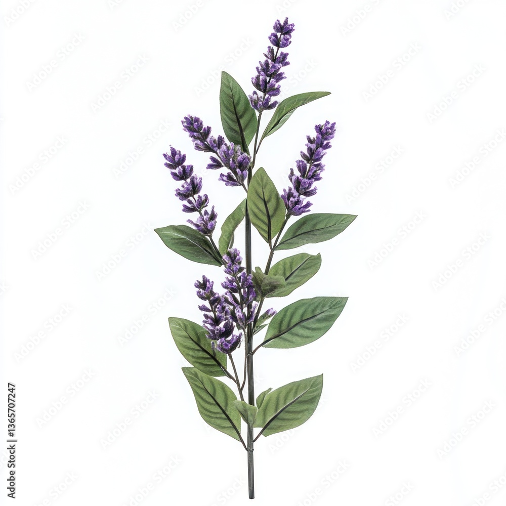 Lavender flower stems with leaves isolated on white background image Lavender flower stems with leaves isolated on white background image