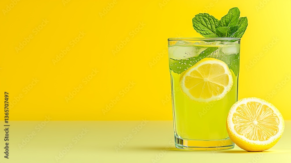 Fototapeta premium Refreshing Lemonade with Mint Garnish on a Bright Yellow Background
