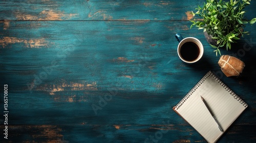 Cozy Workspace with Coffee, Notebook, Pen, and Plant on Vintage Wooden Table in Soft Natural Light