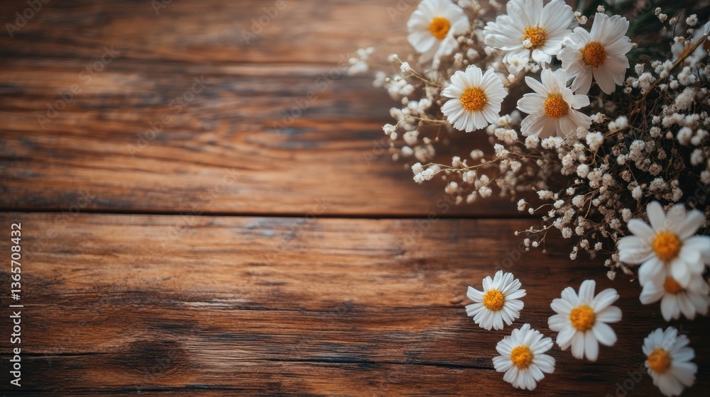 Fresh White Flowers Arranged on Rustic Wooden Surface with Delicate Gypso in Natural Setting Fresh White Flowers Arranged on Rustic Wooden Surface with Delicate Gypso in Natural Setting