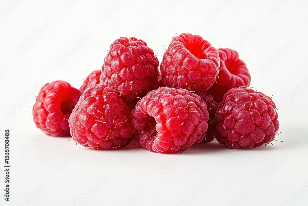 A group of ripe and juicy red raspberries against white backdrop A group of ripe and juicy red raspberries against white backdrop
