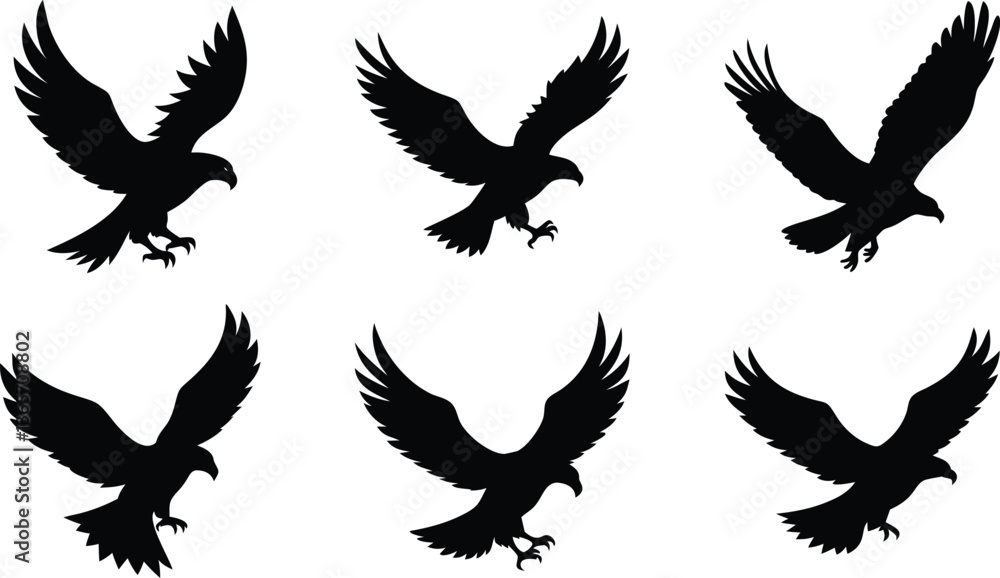Fototapeta premium Black vector wings set silhouettes, eagle illustrations