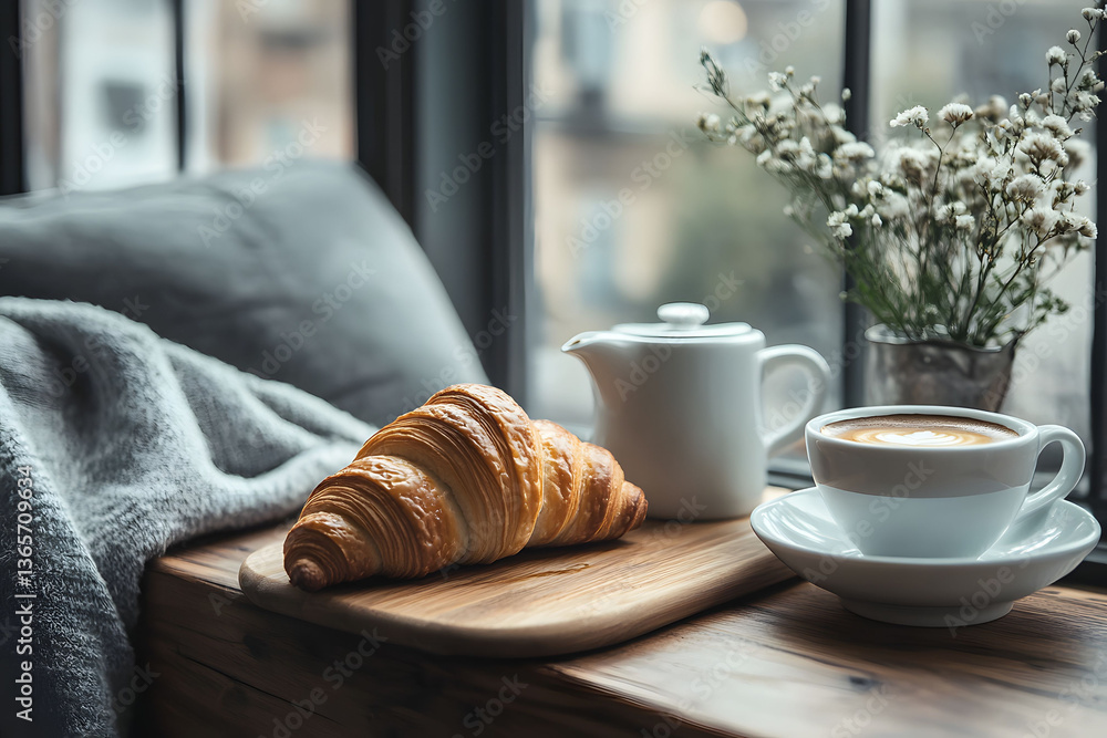 Cozy Morning: Croissant, Coffee, and Window View Cozy Morning: Croissant, Coffee, and Window View