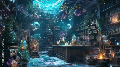 A magical library filled with mystical elements.