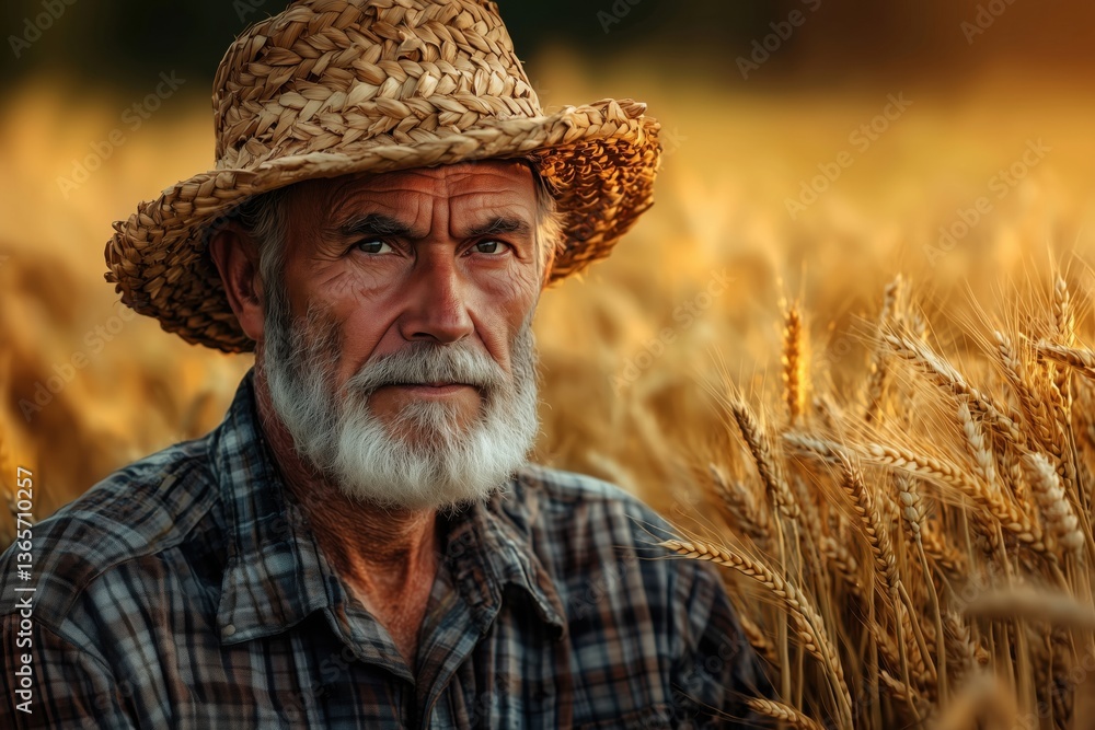 Fototapeta premium A thoughtful elderly man with a beard wearing a straw hat, standing in a golden wheat field.