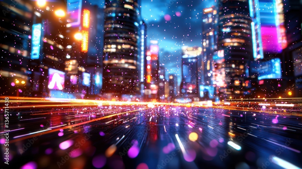 Fototapeta premium Futuristic City Nightscape Neon Lights and Light Trails