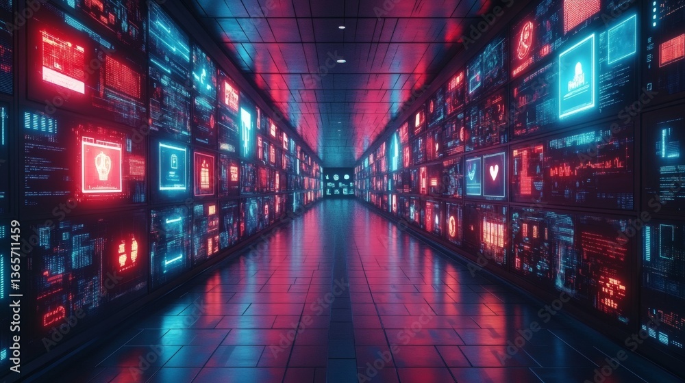 Fototapeta premium A futuristic hallway filled with digital screens displaying vibrant red and blue information. The hallway has a dark backdrop, creating a sense of mystery and excitement.
