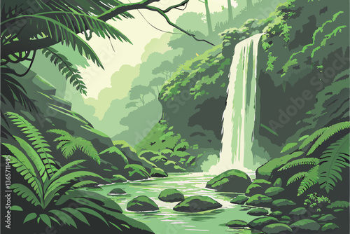 30 Lush rainforest waterfall, vibrant green ferns, moss-covered rocks, misty atmosphere, tranquil pool, sunlight filtering through canopy, ethereal glow, high contrast, dramatic lighting, crystal clea