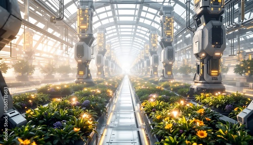 Futuristic Greenhouse with Rows of Plants and Glowing Lights