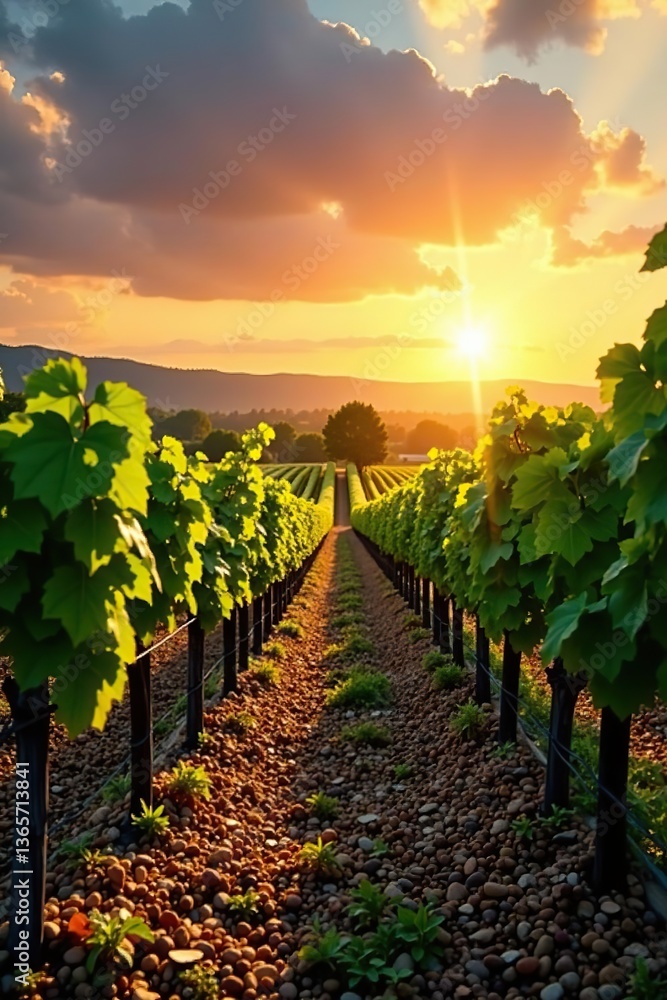 Naklejka premium Stunning vibrant vineyard landscape during golden hour with lush vines, warm sky, sunset, harvest, nature, colors, landscape