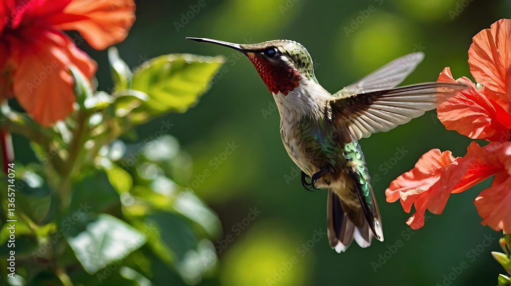 Naklejka premium A hummingbird hovering near a bright red hibiscus flower, sipping nectar, with iridescent green feathers shimmering in the sunlight, macro photography