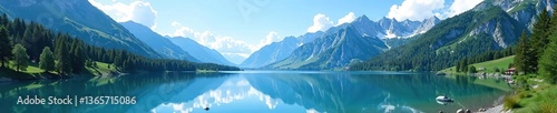 Spectacular alpine lake nestled among towering mountains reflecting the clear blue sky,  outdoor,  nature