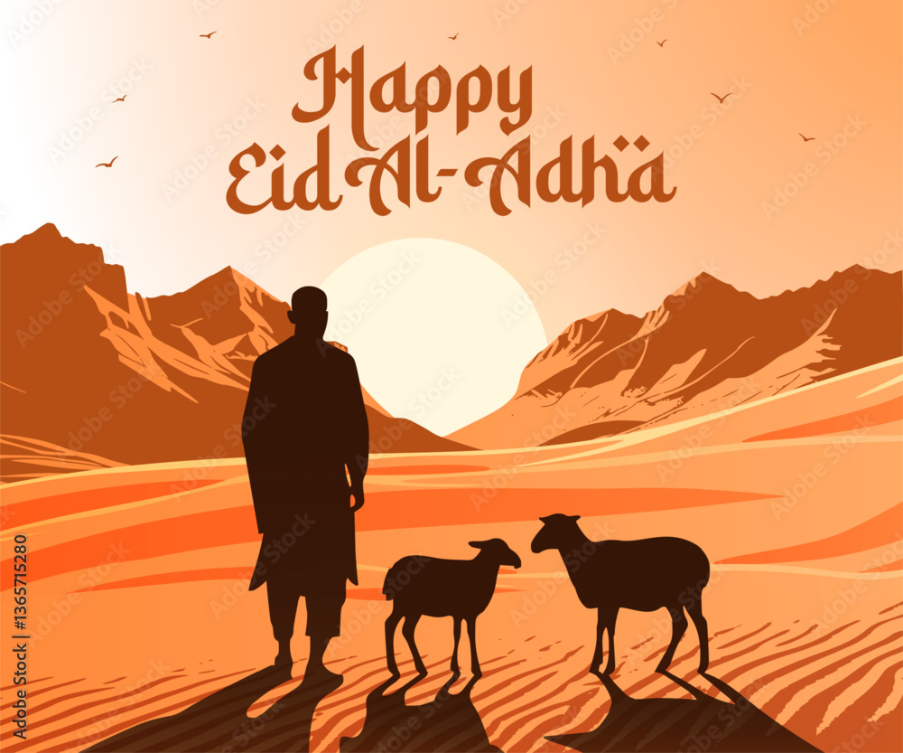 Fototapeta premium Eid al-Adha vector illustration featuring Muslims and sacrificial animals in the heart of an Arabian canyon. Ideal for greetings, banners, and social media.