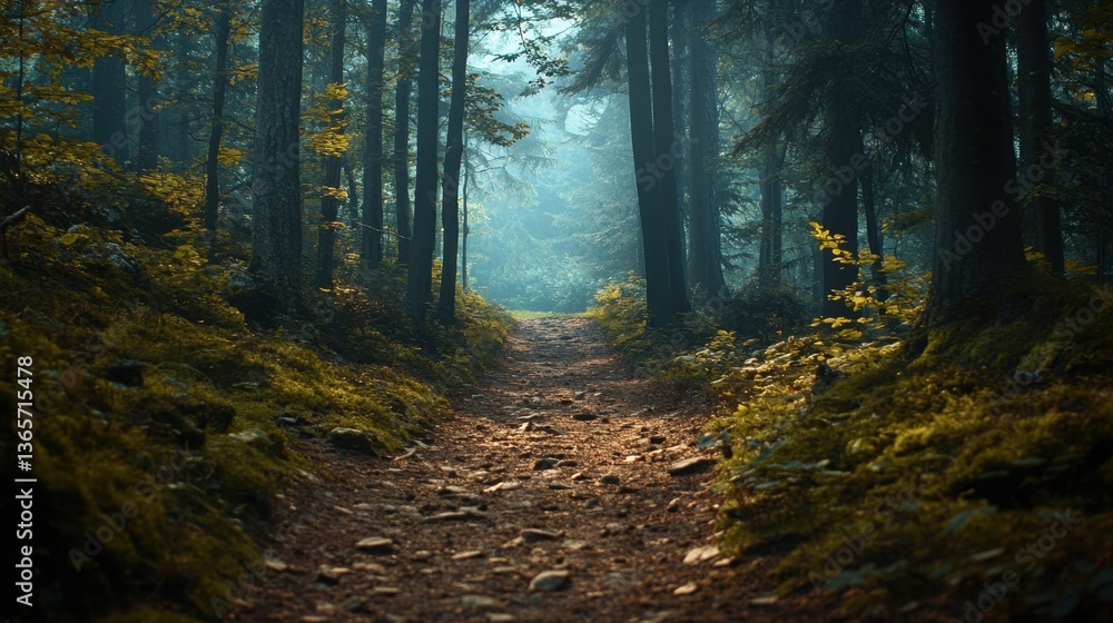 Fototapeta premium Serene Forest Pathway Surrounded by Tall Trees and Soft Mist in a Beautiful Natural Landscape