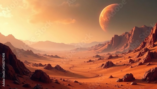 Spectacular Mars terrain illustration with futuristic exploration potential,  space,  artwork