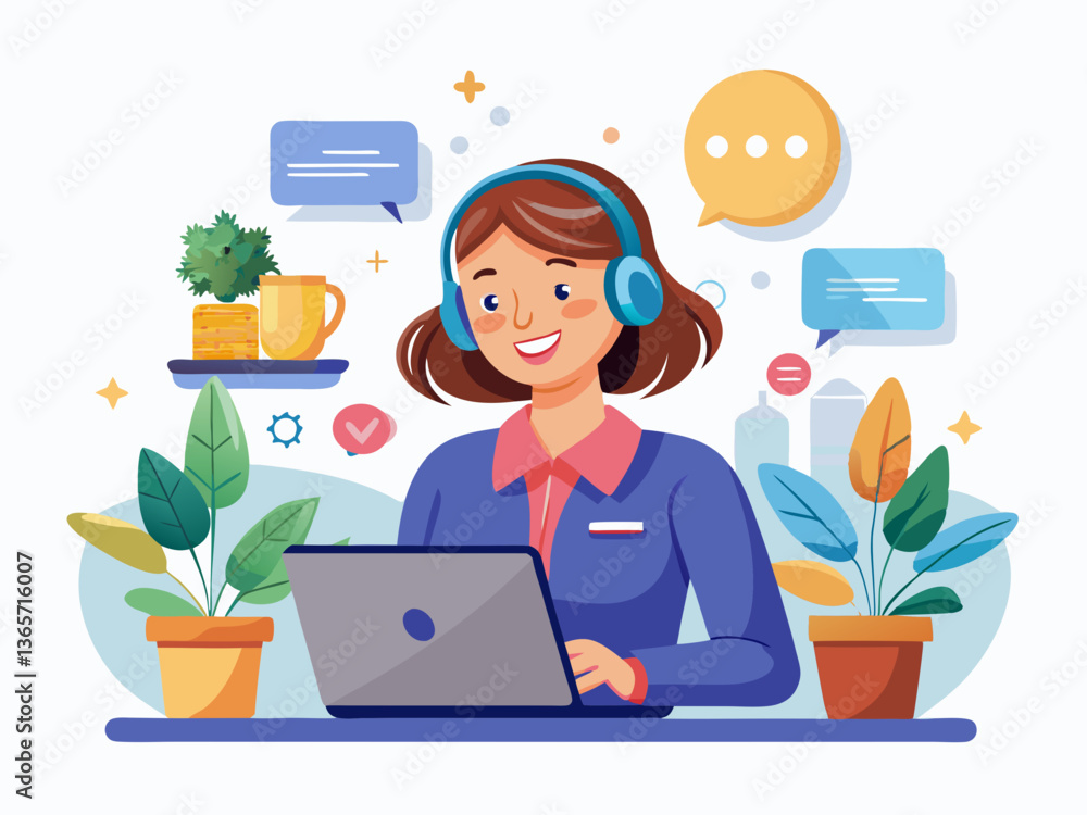Remote Work Communication Vector with Headset and Tablet Remote Work Communication Vector with Headset and Tablet