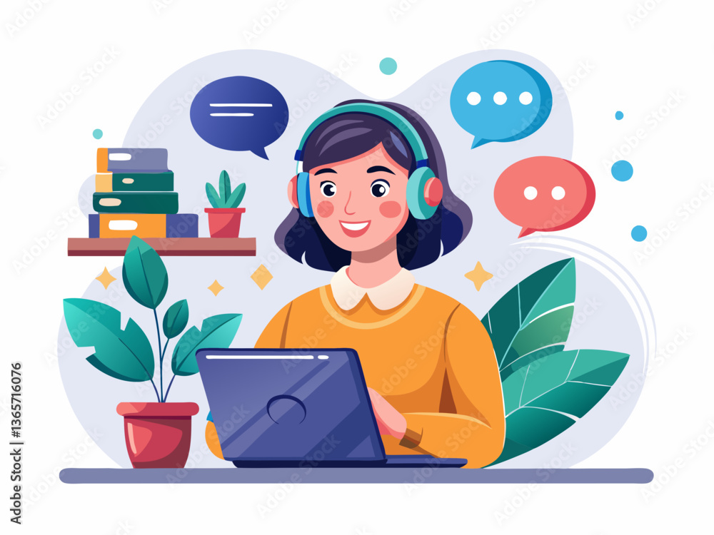 Remote Work Communication Vector with Headset and Tablet Remote Work Communication Vector with Headset and Tablet