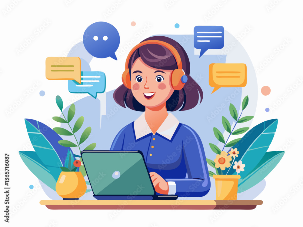Remote Work Communication Vector with Headset and Tablet Remote Work Communication Vector with Headset and Tablet
