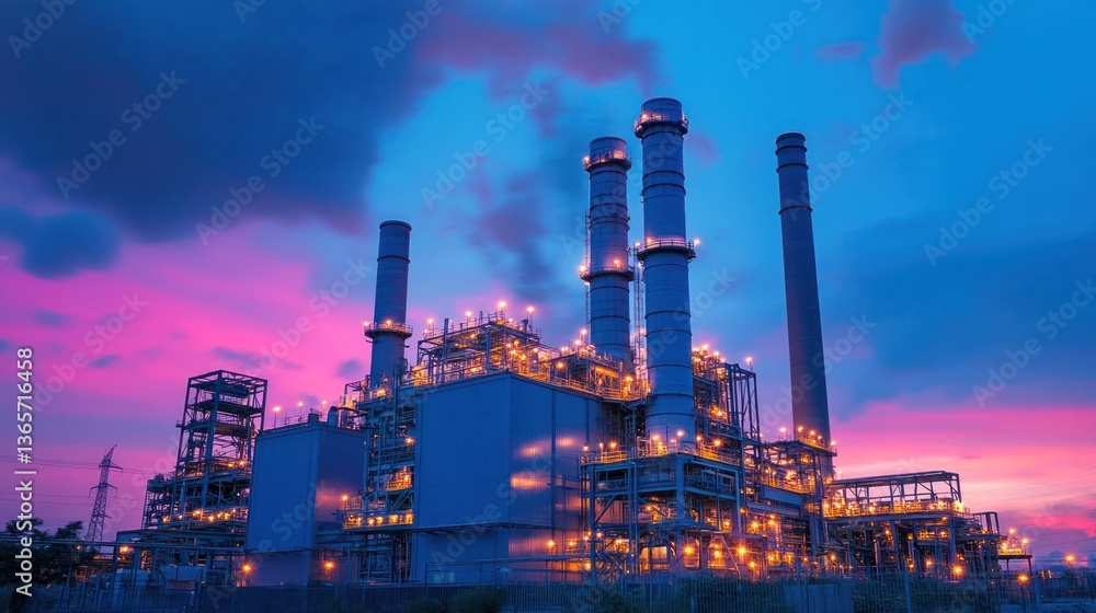 Obraz premium A large industrial power plant illuminated against a colorful evening sky