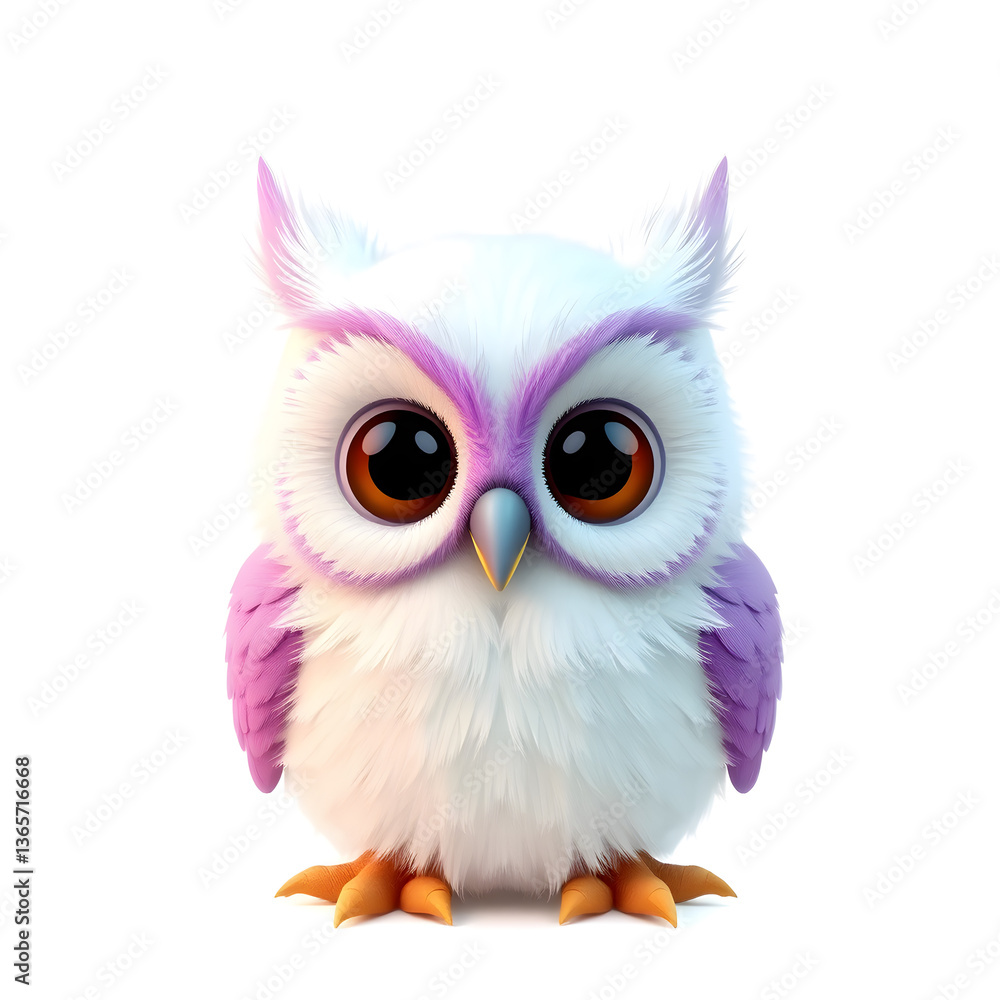 Fototapeta premium Owl – 3D baby owl, big round eyes, tiny beak, soft fluffy feathers, pastel white and purple tones, white background. Generative AI