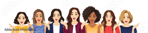 Group of different beautiful women with surprised amazed expressions. Isolated vector illustration 