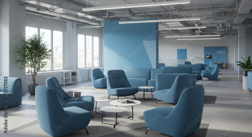 Serene blue lounge fostering collaboration and calm in a modern open-plan office bathed in soft sunlight. Serene blue lounge fostering collaboration and calm in a modern open-plan office bathed in soft sunlight.