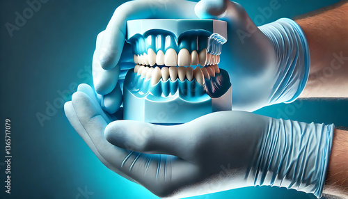 A close-up of a dental professional wearing blue surgical gloves while holding a modern, high-tech dental model.