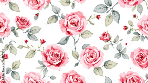 Rose seamless pattern with watercolor isolated on white background