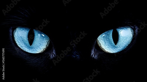 Glowing Blue Cat Eyes in Darkness, Black Cat Glowing Blue Eyes Stare