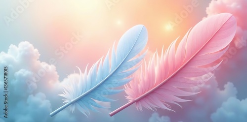 Soft pastel feathers in shades of pink, blue, and yellow creating an abstract and ethereal background,  yellow,  pink