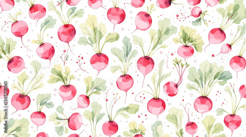 Seamless watercolor beet and leafy green vegetable pattern on white background, ideal for organic food and kitchen themed designs