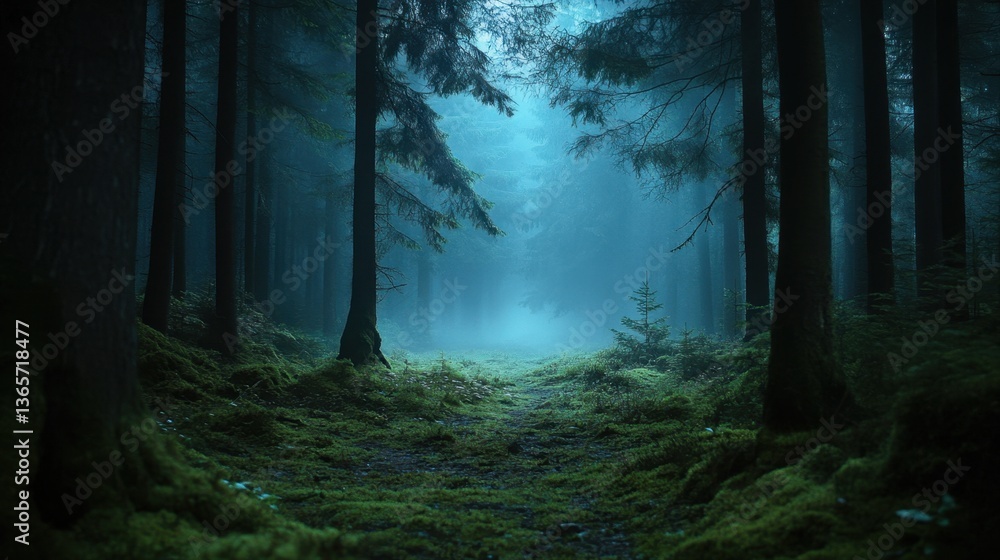 Fototapeta premium Mystical Forest Path with Fog and Dense Trees, Enchanting Nature Scene in Soft Blue Light