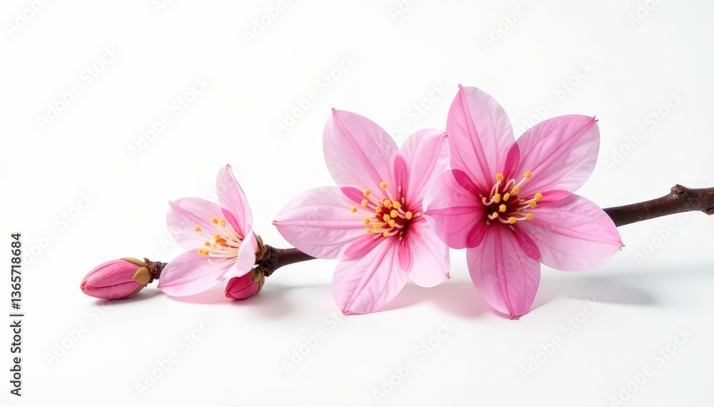 Fototapeta premium Single branch with flowers on isolated white background, solitary, petals, white