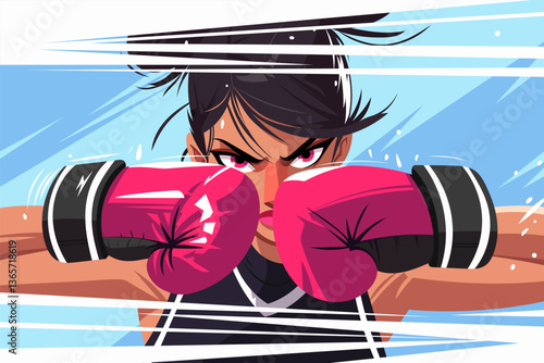 Dynamic vector illustration of a female boxer ready to fight, showcasing strength and determination. Perfect for sports, fitness, and empowerment themes. Ideal for promotional materials and articles.