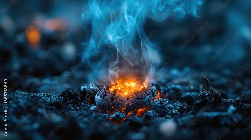Glowing Ember in Dark Ashes with Blue Smoke Rising in Mysterious Atmospheric Background Glowing Ember in Dark Ashes with Blue Smoke Rising in Mysterious Atmospheric Background
