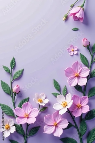Soft pastel violet floral background with delicate blooms and green leaves,  soft,  spring