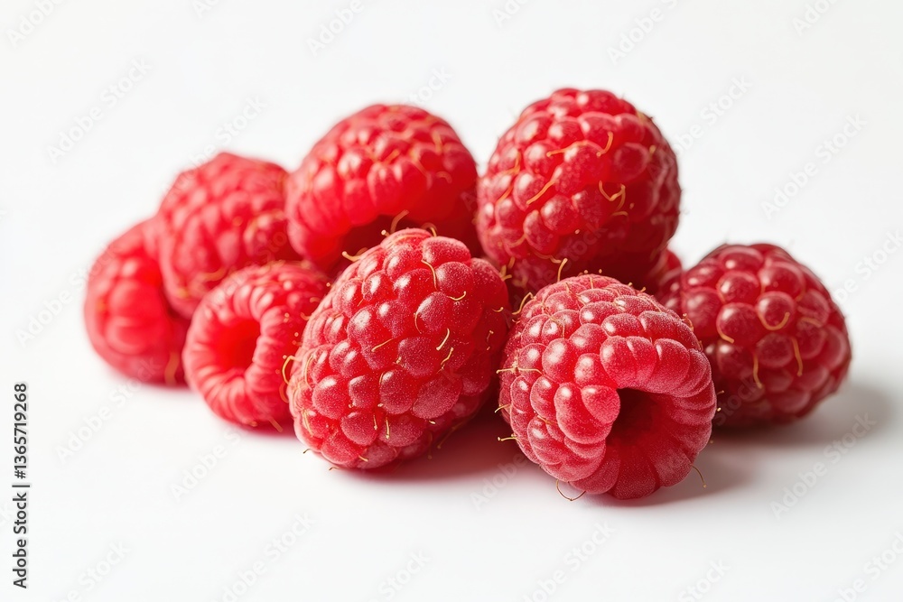 Fresh ripe raspberries piled together on a pure white background Fresh ripe raspberries piled together on a pure white background