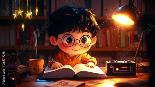 Wallpaper Mural Cute cartoon boy studying under warm lamp light in a cozy library. Seamless looping 4K video background
 Torontodigital.ca