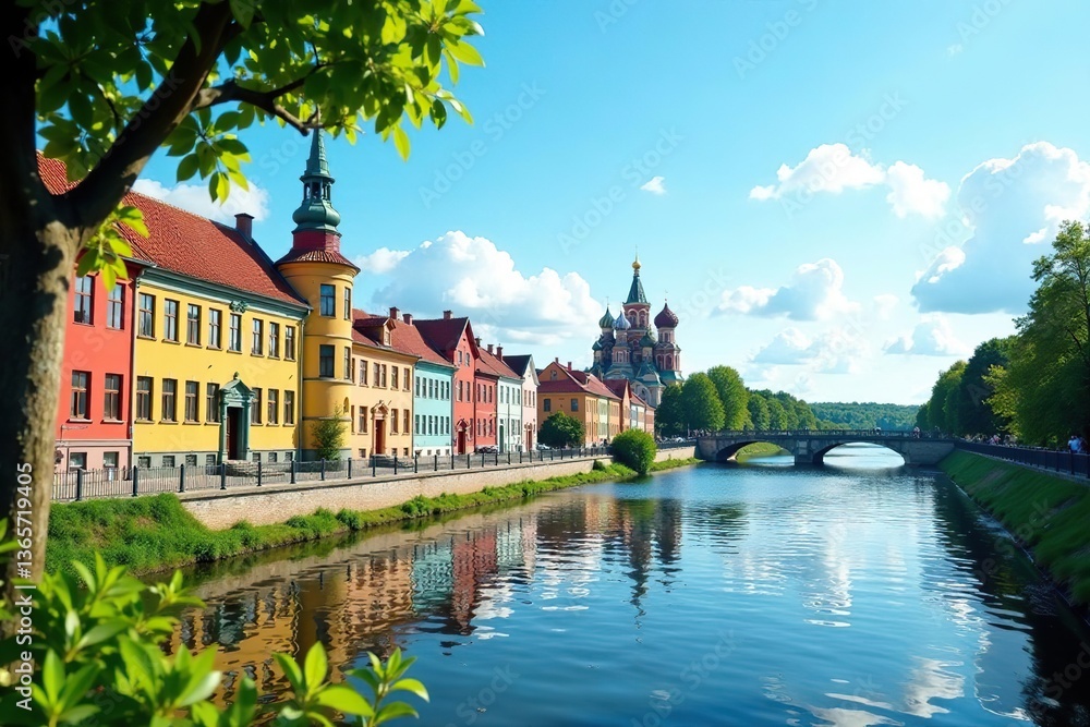 Naklejka premium Sunny summer day in Myshkin, with colorful old buildings along the river bank and a distant view of the iconic onion domes of the church, city, colorful