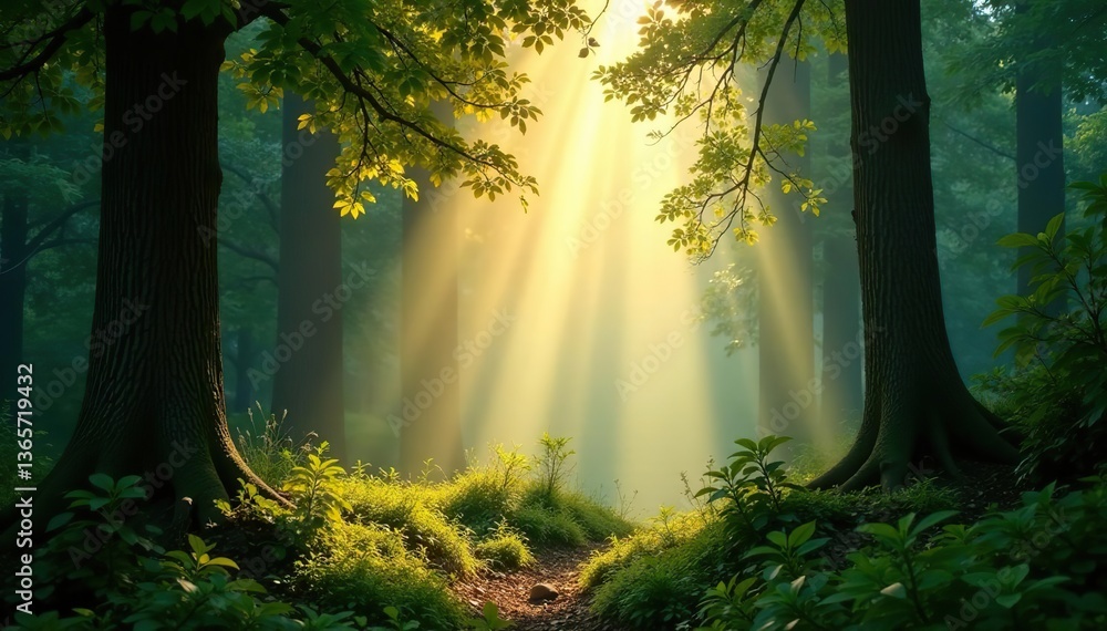 Obraz premium Sun rays shining through the lush forest, creating a breathtaking panoramic view, scenic, panoramic