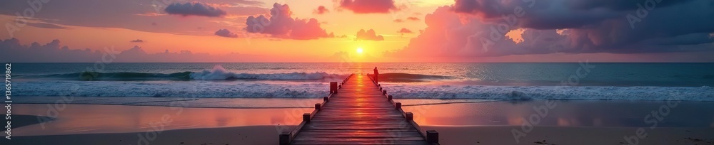 Obraz premium Sunset beach landscape featuring a peaceful wooden path leading to the sea, with the vibrant colors of the sky reflecting on the water in a serene setting, vibrant, landscape
